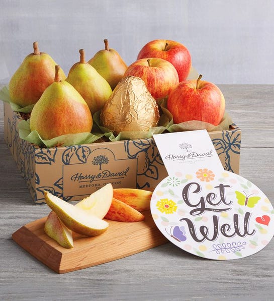 Photo of a pear and apple "get well" gift box