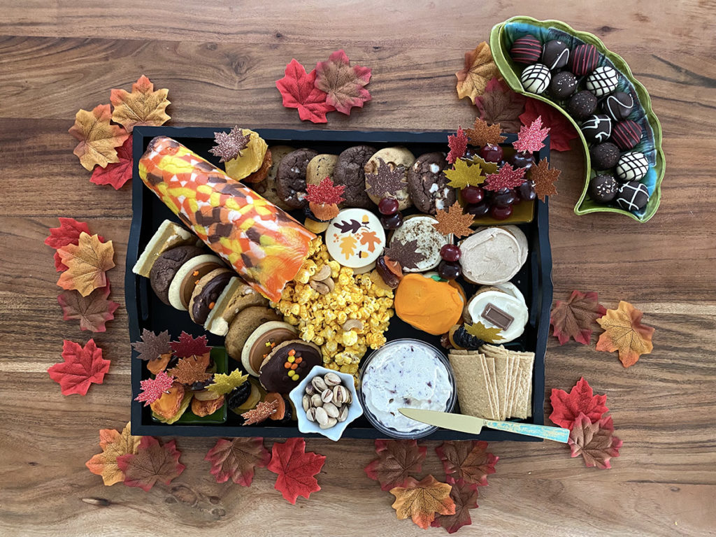 fall dessert board with nearly complete board