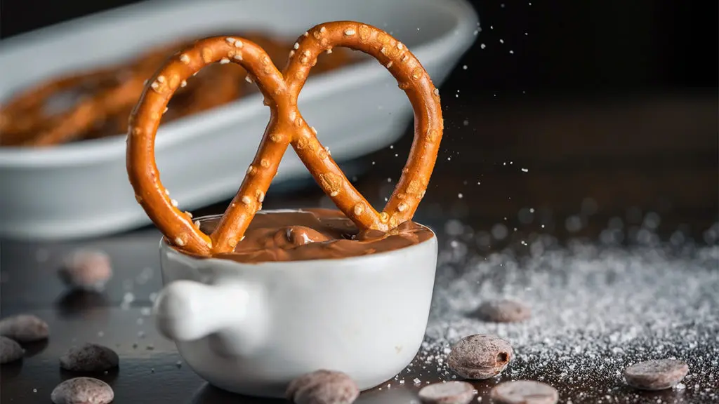 Photo of a pretzel dipped in chocolate