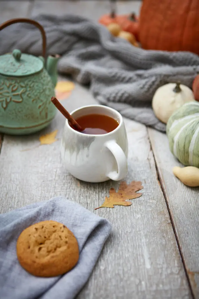 Photo of a mug of cider in a fall setting