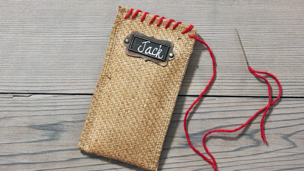 Photo of burlap cutlery holder with thread