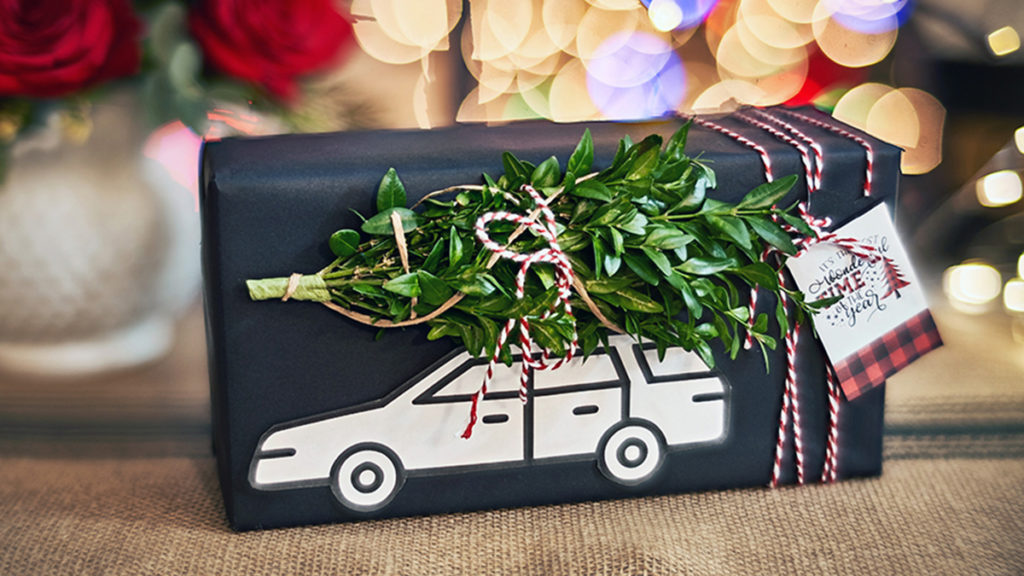 Photo of gift wrapped with black wrapping paper