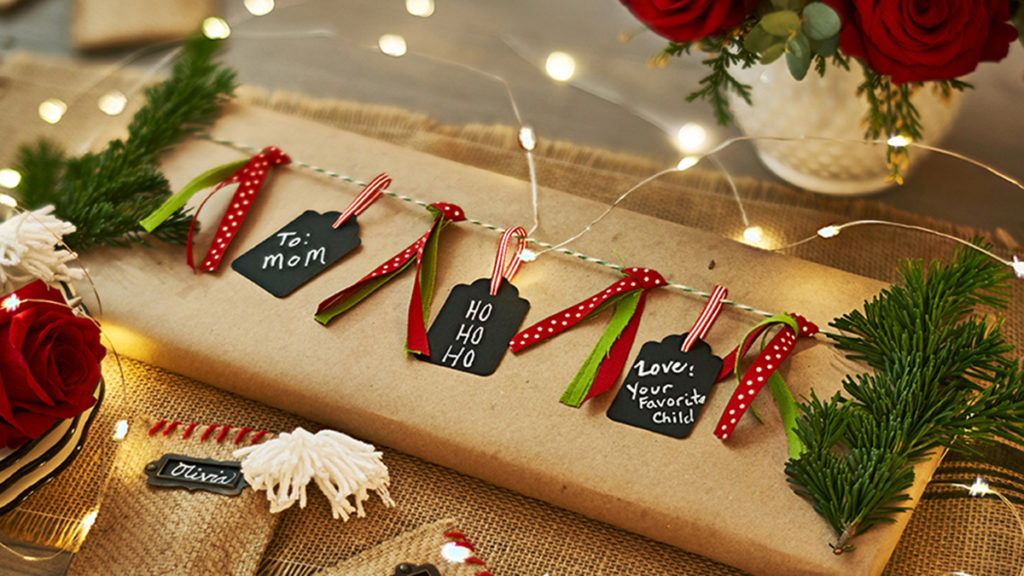 Photo of gift wrapped in farmhouse Christmas style