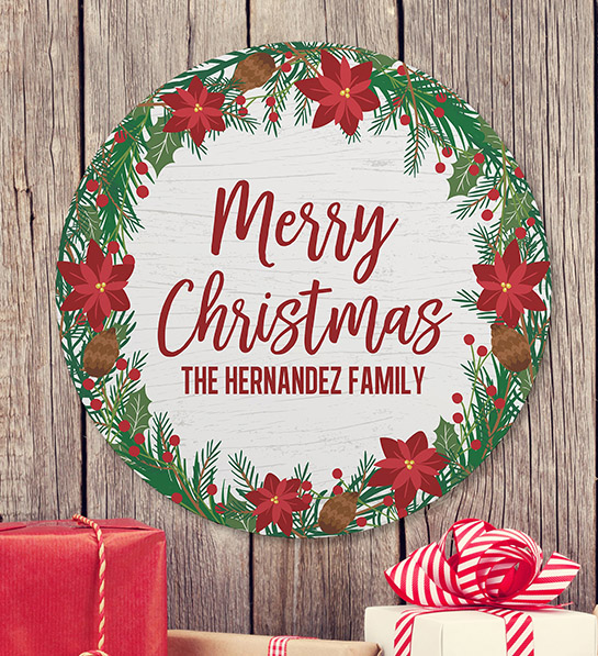 Photo of Merry Christmas Wreath Personalized Round Wood Wall Sign
