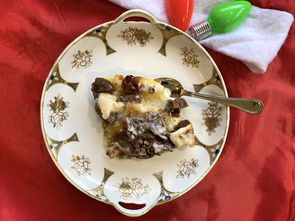 Photo of gingerbread cookie bread pudding on a plate