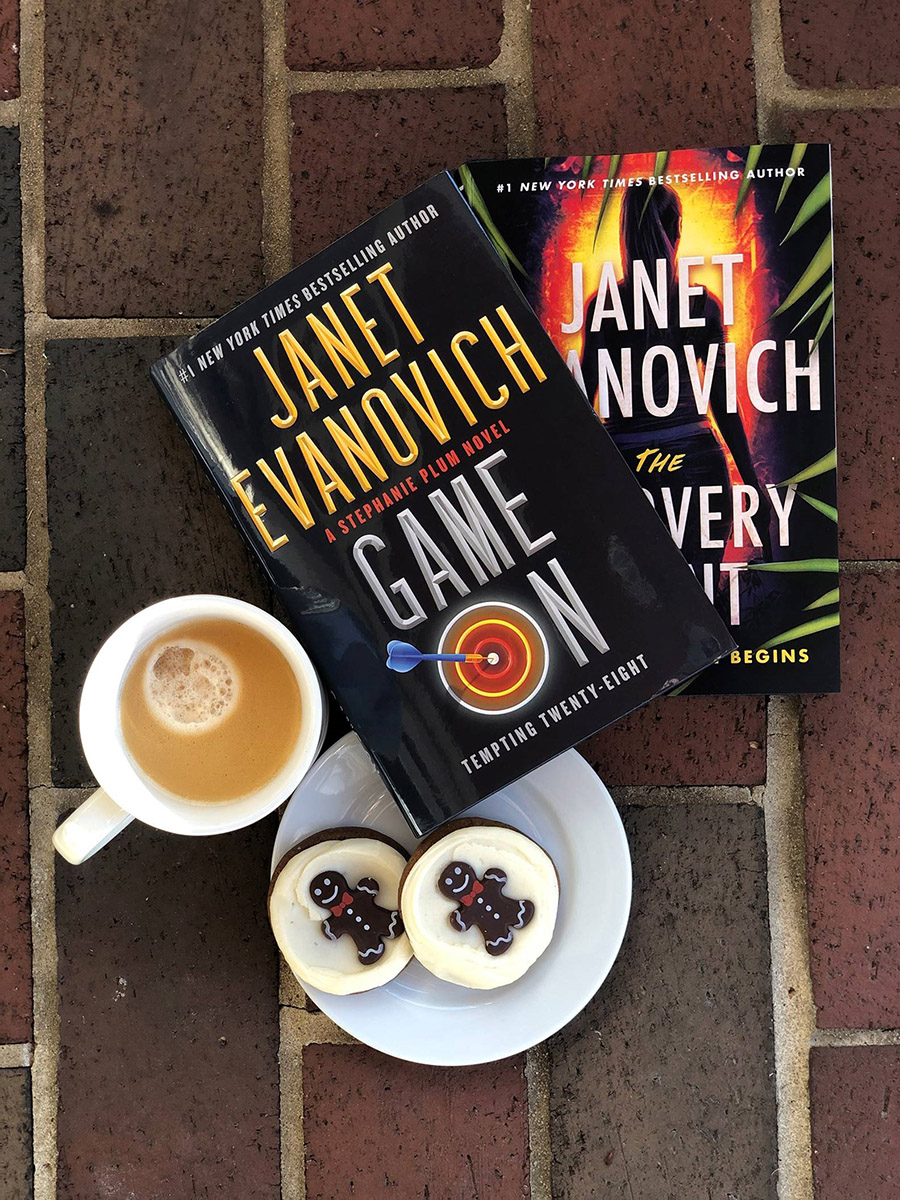 Photo of Janet Evanovich's books and cookies