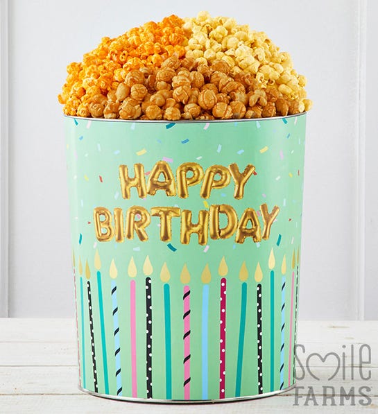 a photo of smile farms birthday gifts: birthday wishes popcorn tin