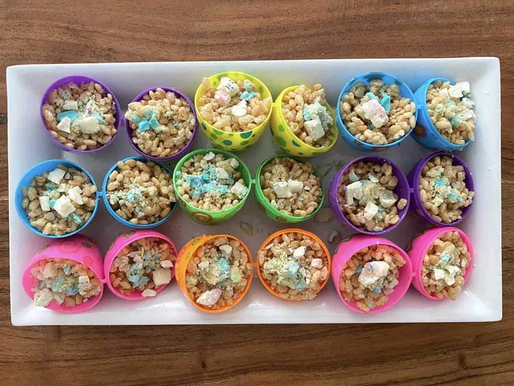 a photo of easter desserts with eggs completely filled