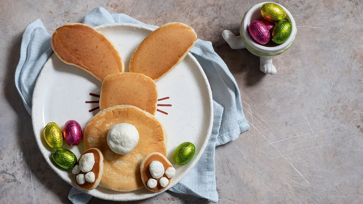 a photo of easter crafts with easter bunny pancakes