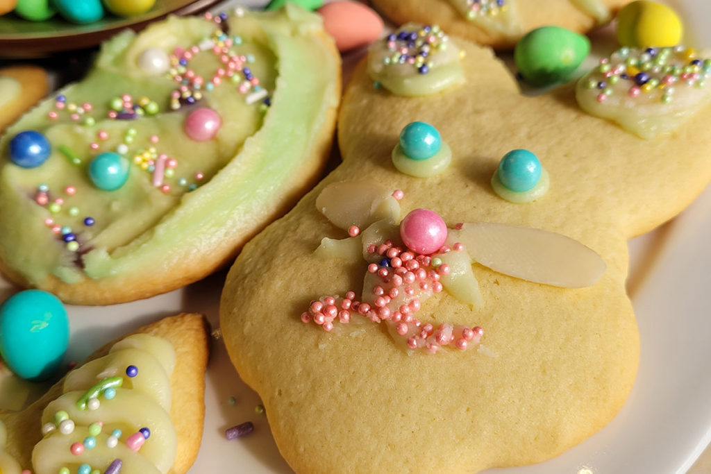 a photo of Easter cookie decorating: decorated Easter bunny cookie