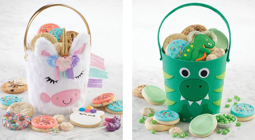 photo of easter gifts: unicorn and dinosaur gift baskets