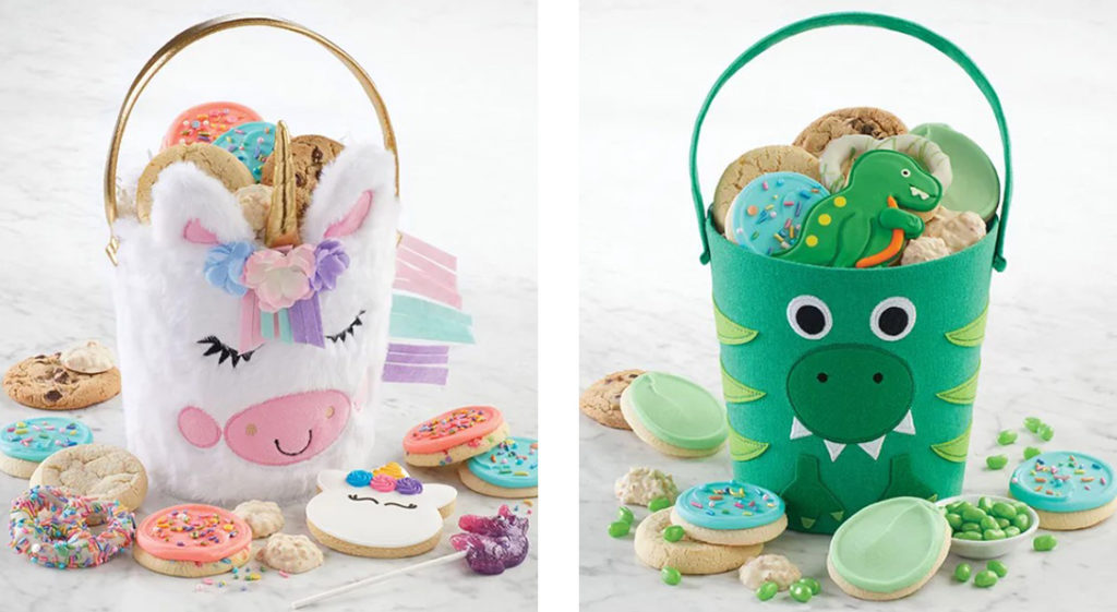photo of easter gifts: unicorn and dinosaur gift baskets