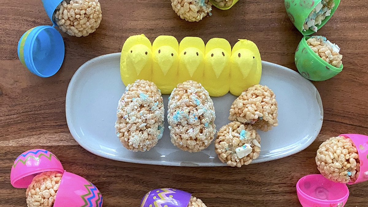 a photo of easter desserts with cookie and strawberry rice krispies treats