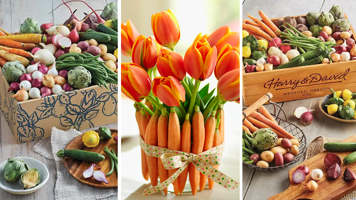 a photo of easter brunch ideas: seasonal centerpiece and boxes of baby vegetables