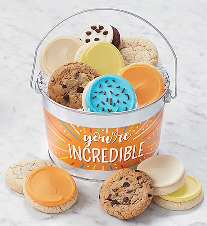 A photo of gifts for teachers: cookies pail