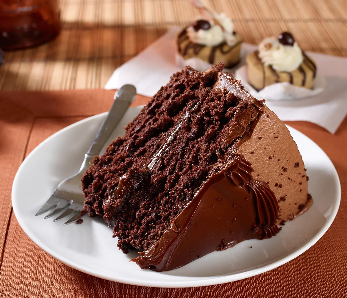 a photo of a slice of devil's food cake