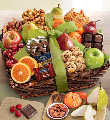 a photo of gift ideas for administrative professionals day: a fruit & sweets gift basket