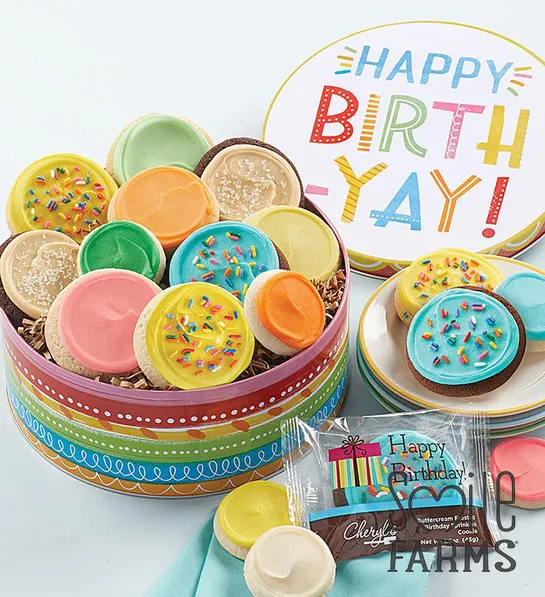 smile farms birthyay cookie tin