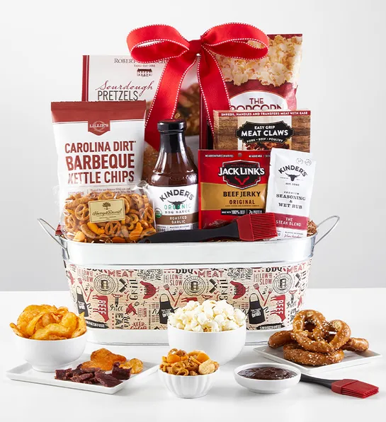 a photo of father's day gift ideas with a barbecue gift tub