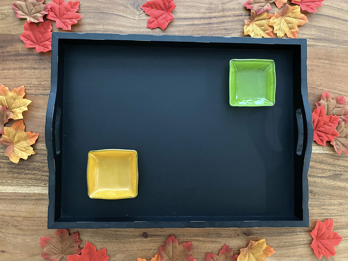 fall dessert board rectangular board with two small bowls.