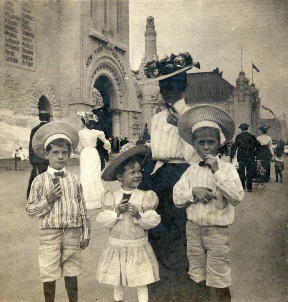 history of ice cream. A family eating ice cream cones at the 1904 World's Fair in St. Louis, Missouri.